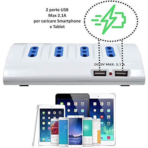 Ewent EW3934 - Regleta de 6 Tomas 4 Bipasso y 2 Shuko - 2 Puertos USB - Enchufe Múltiple - Cable 2 m - Interruptor Luminoso - Color Blanco - Medidas 11.5 x 13 x 5.5 cm - Enchufe Italiano 16A