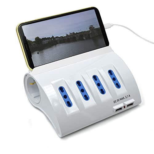 Ewent EW3934 - Regleta de 6 Tomas 4 Bipasso y 2 Shuko - 2 Puertos USB - Enchufe Múltiple - Cable 2 m - Interruptor Luminoso - Color Blanco - Medidas 11.5 x 13 x 5.5 cm - Enchufe Italiano 16A