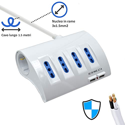 Ewent EW3934 - Regleta de 6 Tomas 4 Bipasso y 2 Shuko - 2 Puertos USB - Enchufe Múltiple - Cable 2 m - Interruptor Luminoso - Color Blanco - Medidas 11.5 x 13 x 5.5 cm - Enchufe Italiano 16A