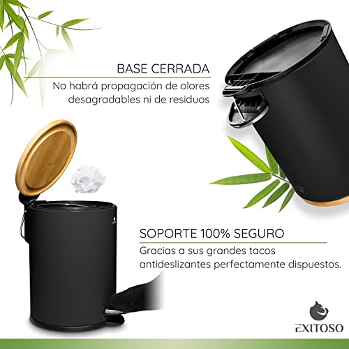 Exitoso Papelera baño pequeña nero con tapa madera antideslizante 3l - Basura con Pedal para cosméticos - Cubo Cestos con tapa - Papeleras baño pequeñas - Papelera papelera con tapa y pedal baño