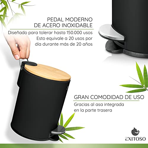 Exitoso Papelera baño pequeña nero con tapa madera antideslizante 3l - Basura con Pedal para cosméticos - Cubo Cestos con tapa - Papeleras baño pequeñas - Papelera papelera con tapa y pedal baño