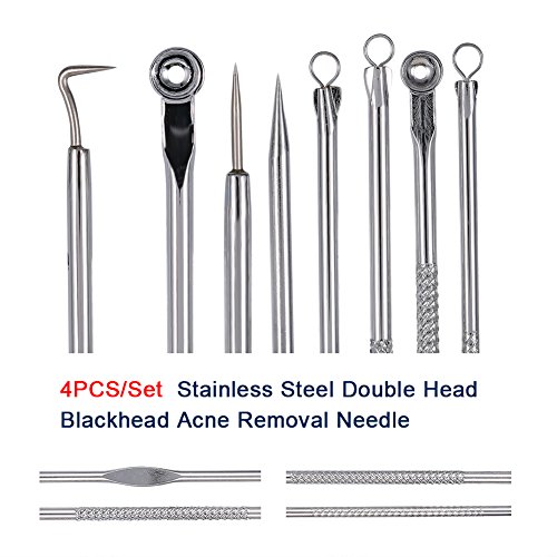Extractor de Puntos Negros 4pcs,Blackhead Removal Doble Cabeza de Acero Inoxidable, Kit de Herramientas de Limpieza Facial para Quita Espinillas Granos Comedones Extractor de Puntos Negros Herramienta
