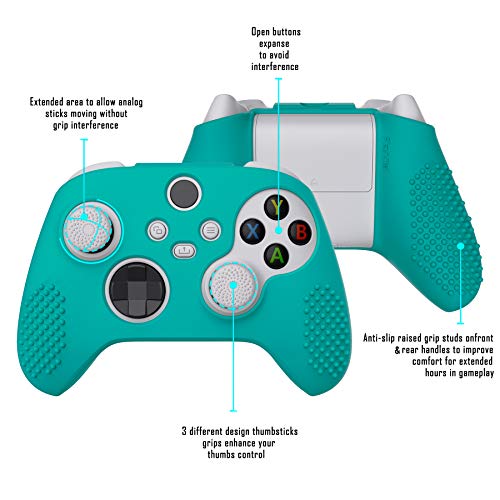 eXtremeRate PlayVital Funda de Silicona para Xbox Series X S Protector Tacto Suave Carcasa Antideslizante con 6 Tapas de Joysitcks Funda de Goma para Mando Xbox Series S X(3D Tachonado-Aqua Verde)