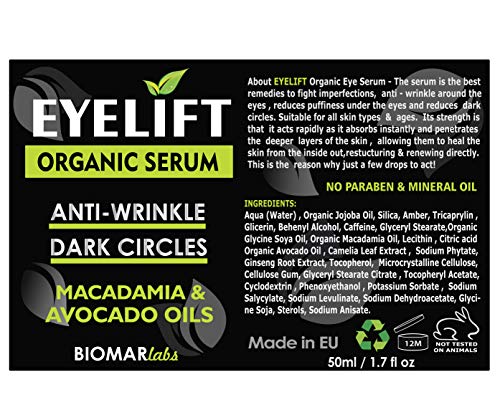 EYELIFT Organico 100% Facial - Bio Suero/Ojeras Bajo Los Ojos/Antiedad y Anti Bolsas/Antienvejecimiento Suero para la Cara Reduce y las Arrugas, Antiarrugas para Hombre y Mujer 50ml