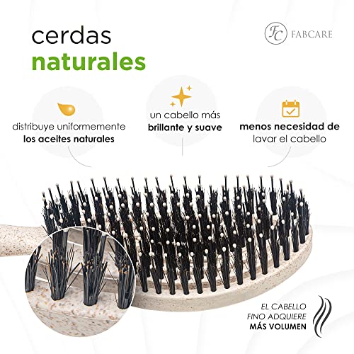 FABCARE Cepillo de cerdas redondas de jabalí incl. Ebook - Cepillo desenredante con doble muelle en espiral - Cepillo de pelo sin tirones - Cepillo para cabello de cerdas naturales profesional