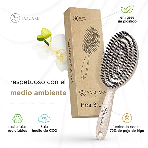 FABCARE Cepillo de cerdas redondas de jabalí incl. Ebook - Cepillo desenredante con doble muelle en espiral - Cepillo de pelo sin tirones - Cepillo para cabello de cerdas naturales profesional
