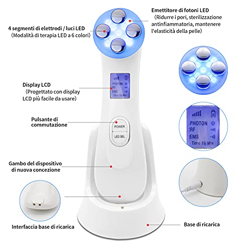 Facial Aparato Radiofrecuencia 6 Modos de Terapia de luz LED Masajeador Facial Ultrasónico Antiarrugas Anti-envejecimiento Anti-Acné Rejuvenecimiento Dispositivo para el Cuidado de la piel