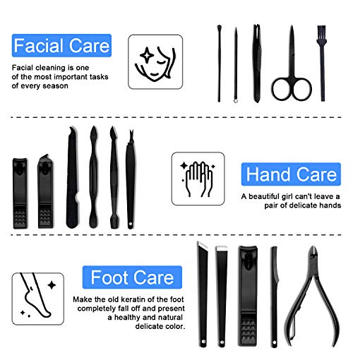 Faffooz Juego De Manicura Juego De Pedicura Portátil, Juego De Cortaúñas 16 En 1 Juego De Belleza De Acero Inoxidable Herramienta De Pedicura De Uñas Profesional Y Estuche De Cuero Marrón (Negro)