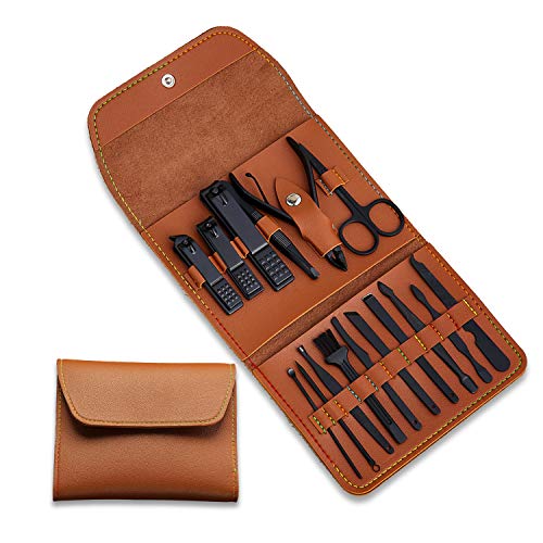 Faffooz Juego De Manicura Juego De Pedicura Portátil, Juego De Cortaúñas 16 En 1 Juego De Belleza De Acero Inoxidable Herramienta De Pedicura De Uñas Profesional Y Estuche De Cuero Marrón (Negro)