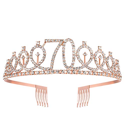 Fajín y tiara de oro rosa para el 70 cumpleaños para mujer, regalos de 70 cumpleaños para felices fiestas de 70 cumpleaños