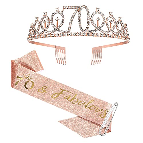 Fajín y tiara de oro rosa para el 70 cumpleaños para mujer, regalos de 70 cumpleaños para felices fiestas de 70 cumpleaños