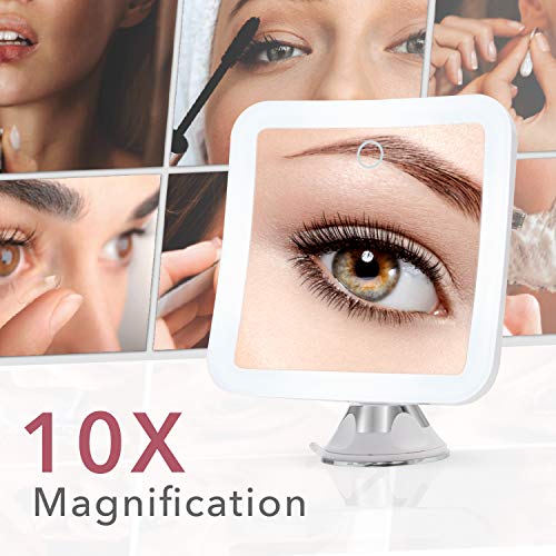 Fancii Espejo de Aumento 10x Recargable para Maquillaje con 3 Configuraciones de Luz LED - Táctil Regulable, Poderoso Ventosa - Espejo Iluminado de Baño (Mira 2)