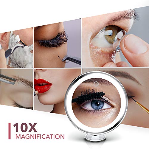 Fancii Espejo Maquillaje de Aumento 10x con Luz LED Natural, USB y Pilas - Espejo Iluminado de Baño para Cosmético, Poderoso Ventosa, 20 cm de Ancho - Luna (Blanco)