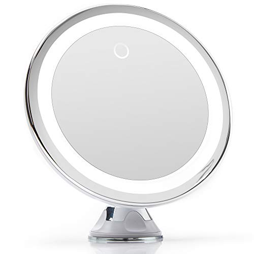 Fancii Espejo Maquillaje de Aumento 10x con Luz LED Natural, USB y Pilas - Espejo Iluminado de Baño para Cosmético, Poderoso Ventosa, 20 cm de Ancho - Luna (Blanco)