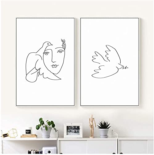 FANGAO Cuadro sobre lienzo Picasso con paloma de la paz, póster e impresiones abstractas en blanco y negro, línea moderna, para salón o dormitorio, sin marco (2 x 20 x 30 cm)