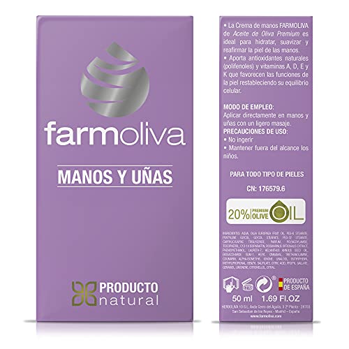 FARMOLIVA Crema de Manos y Uñas - 50 ml - Elaborada con Aceite de Oliva Premium - Antioxidantes y Vitaminas A, E y K - Crema de Manos para Grietas - Cosmética Natural - Fabricada en España