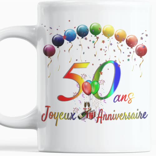 Feliz cumpleaños de 50 años, idea de regalo para hombre mujer Cinpan, taza original con globos en color palabras de amor