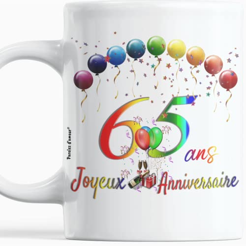 Feliz cumpleaños de 65 años, idea de regalo para hombre y mujer, 65 años, taza original con globos en color palabras de amor (cumpleaños de 65 años)
