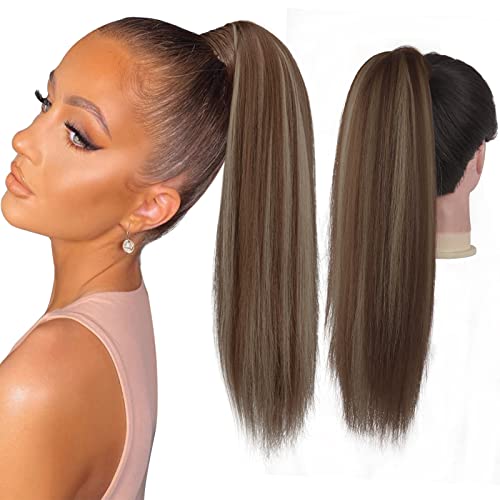 FESHFEN Coleta Postiza Lisa Pelo, 40 cm Largo Liso Ponytail Extension Envolver alrededor Cola de Caballo Extensiones Sintéticas Clip Postizos de Pelo para Mujeres Chica