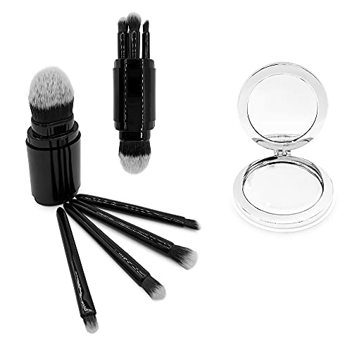 FILUMM Brochas De Maquillaje Profesional Con Espejo Pequeño De Maquillaje Plegable, Kit De Pinceles Cinco En Uno Para Viaje Y Bolso, Para Rubor, Base De Maquillaje, Sombra De Ojos y Colorete.