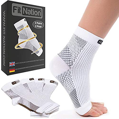FIT NATION Calcetines compresivos para mujer y hombre. Ideal para el alivio de fascitis plantar y el soporte del tobillo. 2 pares de calcetines compresivos por pack. Blanco