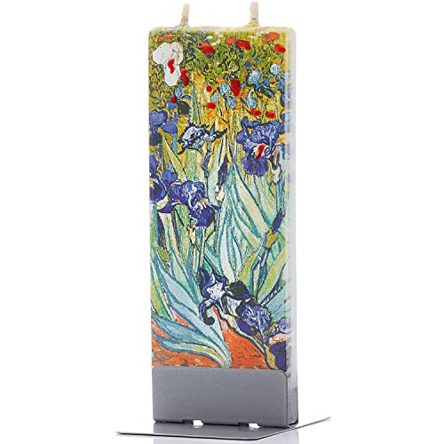 Flatyz Vela plana pintada a mano, sin perfume, sin goteo, sin humo, decorativa | Van Gogh – Irises | Doble mecha con base de metal | Idea de regalo única y acento de decoración del hogar
