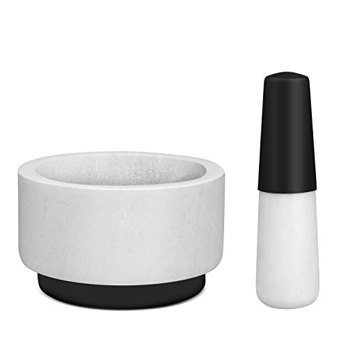 Flexzion Set de mortero mármol y maja de piedra, Mortero cocina con base de silicona antideslizante para machacar guacamole, hierbas, especias, ajo, 13,97 cm, Blanco
