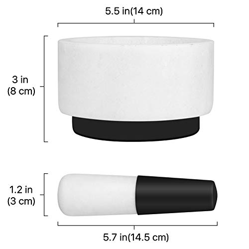 Flexzion Set de mortero mármol y maja de piedra, Mortero cocina con base de silicona antideslizante para machacar guacamole, hierbas, especias, ajo, 13,97 cm, Blanco