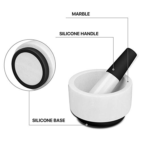 Flexzion Set de mortero mármol y maja de piedra, Mortero cocina con base de silicona antideslizante para machacar guacamole, hierbas, especias, ajo, 13,97 cm, Blanco