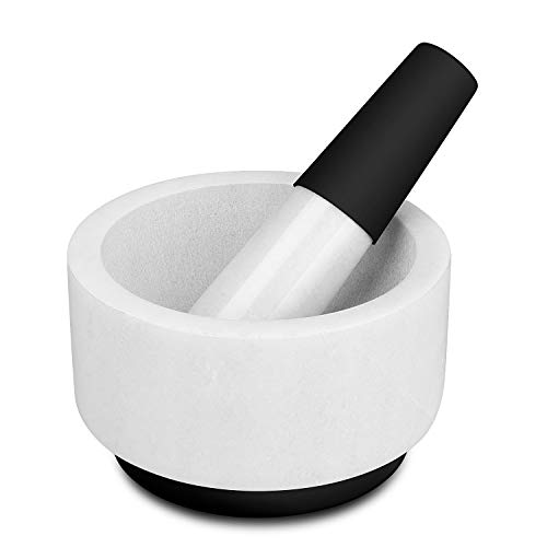 Flexzion Set de mortero mármol y maja de piedra, Mortero cocina con base de silicona antideslizante para machacar guacamole, hierbas, especias, ajo, 13,97 cm, Blanco