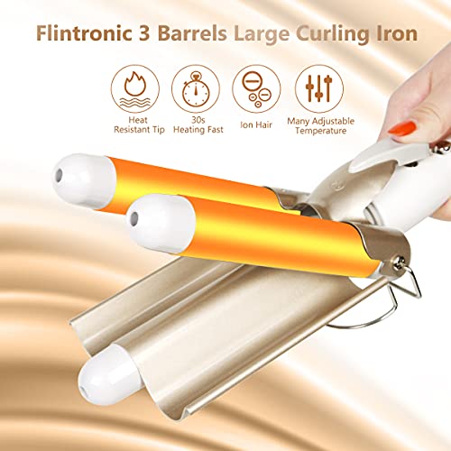 Flintronic Rizador de Pelo, Rizador de 3 Tubos Rizador Rápido, Iron Wave Curler Multifunción Temperatura Ajustable 180℃/210℃ para Rizar y Ondas un Efecto Ondulado, Turmalina y Cerámica(25mm)
