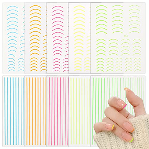 FLOFIA 10 Hojas Pegatinas Uñas Francesas Adhesivas Decorativas de línea Colores, Nail Striping Tape, Nail Stickers Stripe Line Curva 10 Estilos, para Decoración Uñas Accesorios DIY Diseño Arte de Uñas