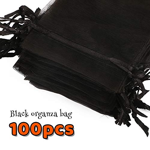 FLOFIA 100 Bolsas Bolsitas de Organza de Boda 7x9cm Negro de Carnaval Pequeñas Bolsas Regalo Organza Tul Joyería Joyas Caramelo Dulces Recuerdo Favores Detalles de Boda Arroz Decoración de Halloween