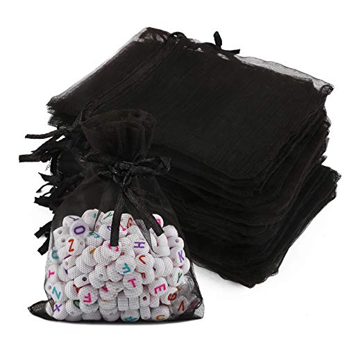 FLOFIA 100 Bolsas Bolsitas de Organza de Boda 7x9cm Negro de Carnaval Pequeñas Bolsas Regalo Organza Tul Joyería Joyas Caramelo Dulces Recuerdo Favores Detalles de Boda Arroz Decoración de Halloween