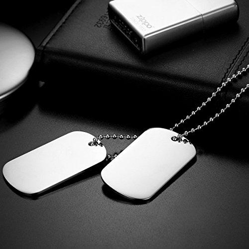 Flongo Placa de Colgante grabada Placa Militar Acero Inoxidable, Collar de Hombre Personalizado, Dog Tag Colgantes Dobles de Ejercito, Plateado 60cm