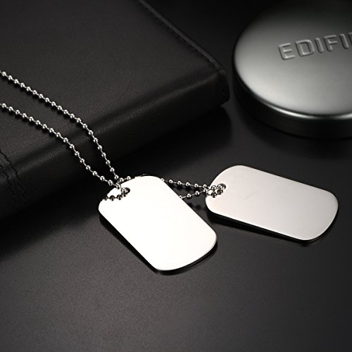 Flongo Placa de Colgante grabada Placa Militar Acero Inoxidable, Collar de Hombre Personalizado, Dog Tag Colgantes Dobles de Ejercito, Plateado 60cm