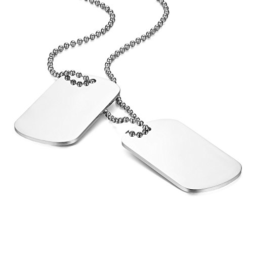 Flongo Placa de Colgante grabada Placa Militar Acero Inoxidable, Collar de Hombre Personalizado, Dog Tag Colgantes Dobles de Ejercito, Plateado 60cm