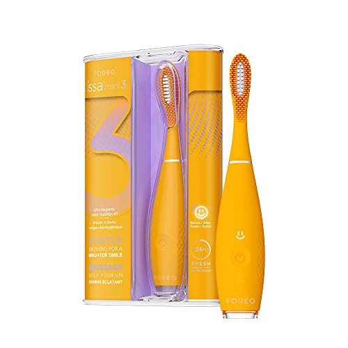 FOREO ISSA mini 3 Mango Tango, Cepillo de dientes sónico 4 en 1, filamentos de silicona y polímero PBT, cabezal de cepillado remplazable para 6 meses, 265 usos por carga USB, garantía de 2 años
