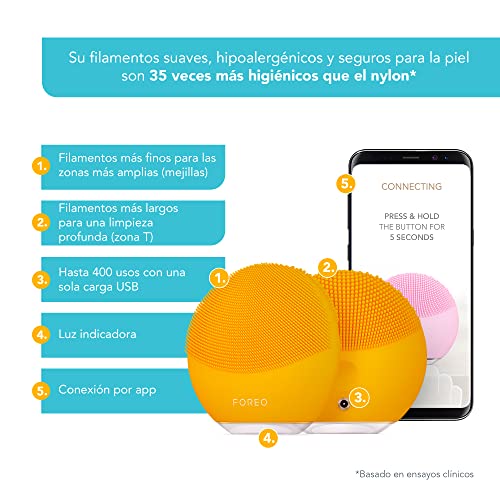 FOREO LUNA mini 3 Sunflower Yellow, cepillo de limpieza facial para todo tipo de pieles, ultra higiénico, modo Glow Boost, 12 intensidades, 400 usos por carga, conexión por app, 2 años de garantía