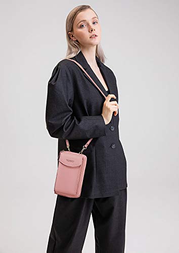 FORRICA Bolso Móvil Mujer Bolso Pequeño Bandolera de Cuero PU Monedero de Teléfono Ligero Señoras Cartera con Ranuras para Tarjeta y Correa Ajustable Rosa B
