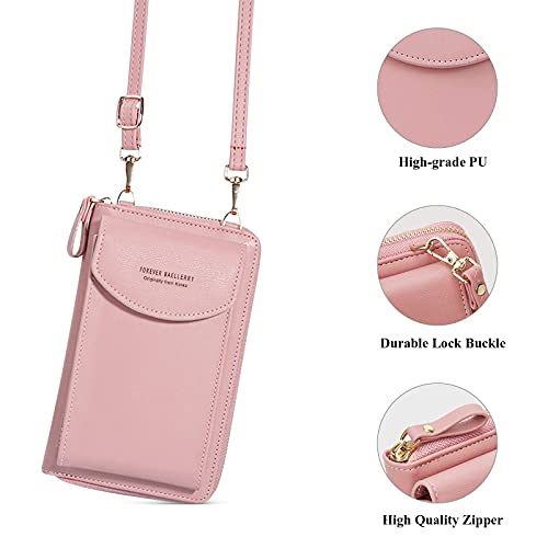FORRICA Bolso Móvil Mujer Bolso Pequeño Bandolera de Cuero PU Monedero de Teléfono Ligero Señoras Cartera con Ranuras para Tarjeta y Correa Ajustable Rosa B