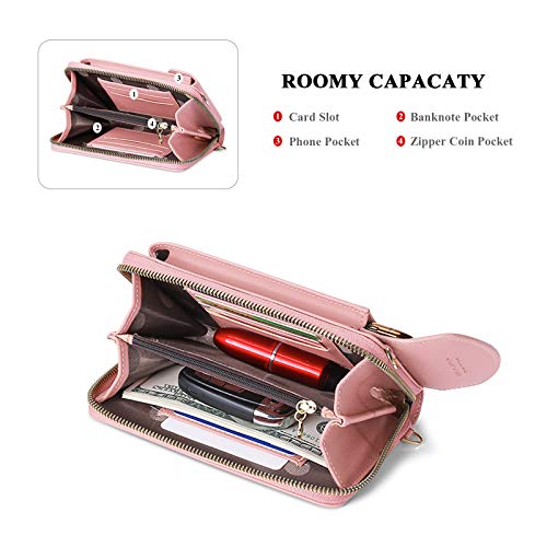 FORRICA Bolso Móvil Mujer Bolso Pequeño Bandolera de Cuero PU Monedero de Teléfono Ligero Señoras Cartera con Ranuras para Tarjeta y Correa Ajustable Rosa B