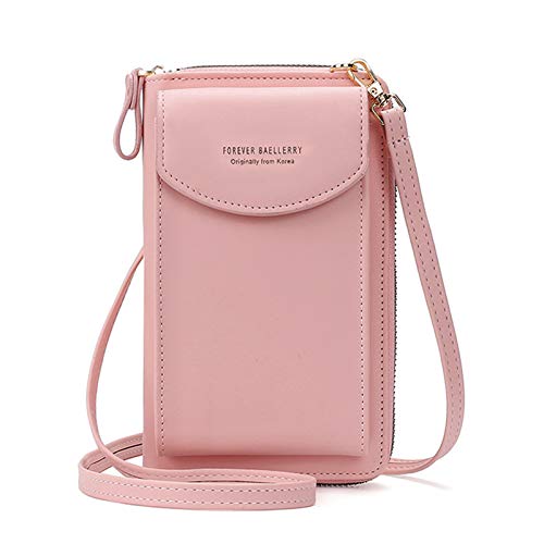 FORRICA Bolso Móvil Mujer Bolso Pequeño Bandolera de Cuero PU Monedero de Teléfono Ligero Señoras Cartera con Ranuras para Tarjeta y Correa Ajustable Rosa B