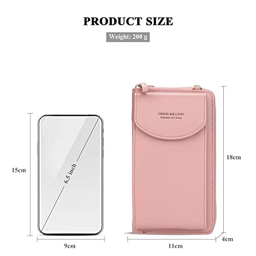 FORRICA Bolso Móvil Mujer Bolso Pequeño Bandolera de Cuero PU Monedero de Teléfono Ligero Señoras Cartera con Ranuras para Tarjeta y Correa Ajustable Rosa B