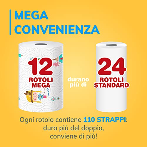 Foxy Mega | Secador de larga duración | 12 rollos | 110 hojas por rollo | Vortici Superabsorbentes | Papel 100% certificado PEFC™ | Decorado | Envase 100% reciclable