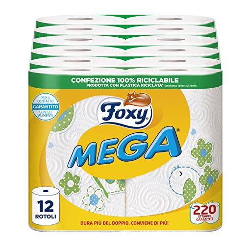 Foxy Mega | Secador de larga duración | 12 rollos | 110 hojas por rollo | Vortici Superabsorbentes | Papel 100% certificado PEFC™ | Decorado | Envase 100% reciclable
