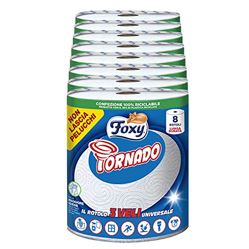 Foxy Tornado | 8 rollos | 250 hojas por rollo | Rollo de 3 capas universal | Papel 100% certificado FSC® | Envase 100% reciclable
