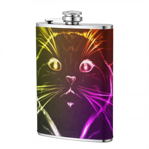Frasco de licor de 8 onzas para hombres Un lindo gato en una luz de neón Frasco personalizado Frasco para hombres y mujeres Frasco de licor para mujeres Divertido para viajes Senderismo Camping