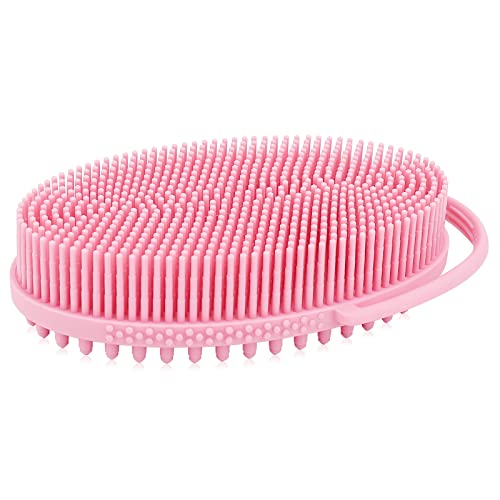 FREATECH Cepillo Corporal Silicona de 2 Caras con Mango Anular, Cepillo de Baño y Ducha Para Exfoliar y Masajear el Cuerpo, Fácil de Sujetar y Colgar, Higiénico y Duradero, Rosado
