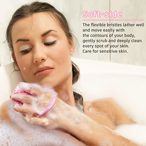 FREATECH Cepillo Corporal Silicona de 2 Caras con Mango Anular, Cepillo de Baño y Ducha Para Exfoliar y Masajear el Cuerpo, Fácil de Sujetar y Colgar, Higiénico y Duradero, Rosado